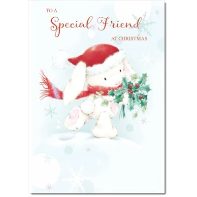 Image of doodlecards Special Friend Christmas Card Cute Rabbit with Holly Medium Size for Plain Envelope