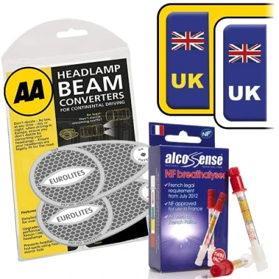 Image of AlcoSense European Travel Kit inc NF Breathalysers + UK Stickers AA Eurolites Headlight Deflectors for Europe Car &amp; Motorhome Parts Trips in France, Number Plate GB