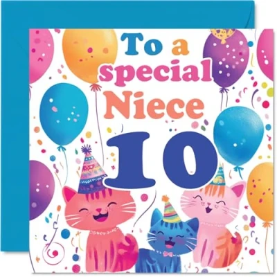 Image of 10th Niece Birthday Card Cute Cats Special Happy for from Auntie Uncle, 145mm x Age 10 Ten Greeting Cards