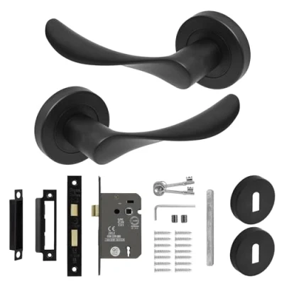 Image of Decoranddecor Matt Black Door Handle Levers Aluminium Alloy Handles Lever with Sash Lock Kit