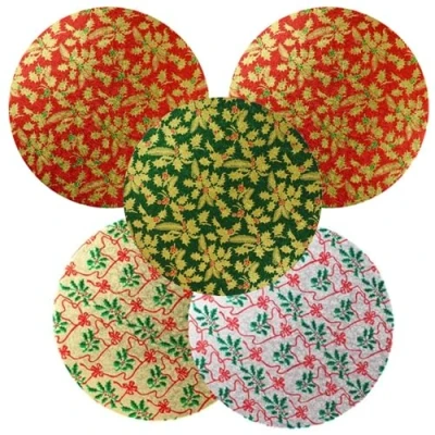 Image of Culpitt Christmas Cake Boards, Classic Holy Design, Red, Green, Gold, Silver 12mm Drums For Festive Treats 10&quot; Round 5 Pack