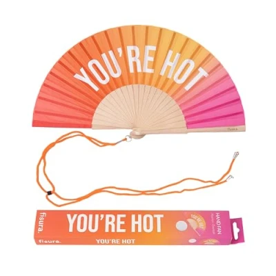 Image of Fisura Original Folding Handheld Fan with Fun Message you are h*t Wooden for women Pink Design Hanger Wedding, rave, festival Size: 42.5 x 23 cm