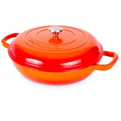Image of Shallow Cast Iron Casserole with Lid Non Stick Dutch Oven Pot, Safe up to 500 F Sturdy Ovenproof Stockpot Cookware Enamelled Cooking Pot Orange, 5 Quart, 32cm by Nuovva