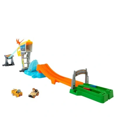 Image of Hot Wheels Track Set &amp; Toy Cars, RacerVerse Jurassic World Blue’s Raptor Rush with 2 Die Cast Racers: Blue Owen, HTP12