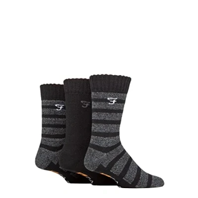 Image of Mens 3 Pair Farah Striped Cushioned Boot Socks Black / Charcoal 6 11