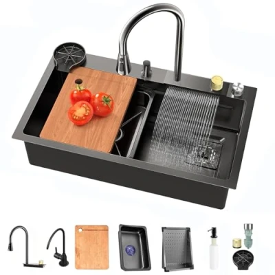 Image of TULAZOU Kitchen Sink, Dark Grey 304 Stainless Steel Multifunctional Waterfall Sink with Various Accessories (68x45cm)