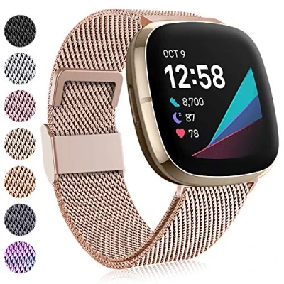 Image of Faliogo Compatible with Fitbit Versa 3 Strap/Fitbit 4 Sense Strap, Adjustable Stainless Steel Metal Replacement Strap Magnet Lock for 4/Versa 3/Sense, Small Rose Gold