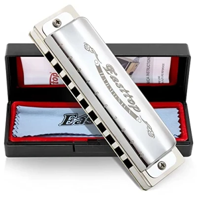 Image of East top Blues Harmonica Key of G, 10 Holes Diatonic Harp Mouth Organ T008, Silver For Adults, Professionals and Students