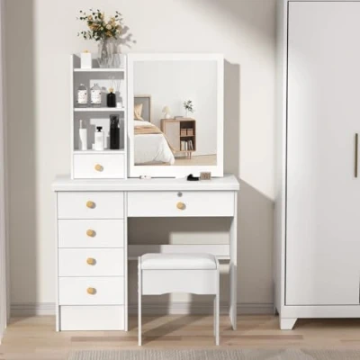 Image of cadciehe Vanity Desk with Sliding Mirror, Mirror Lights Bedroom Dressing Table, Makeup 6 Drawers, Open Shelves Hidden Storage Space White