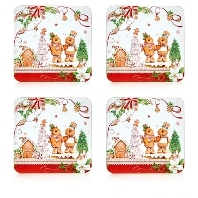 Image of Premier Decorations Christmas Gingerbread Themed Set of 4 Coasters 11cm x Gift Idea for Coaster UK Design Hot Drinks Tea Coffee
