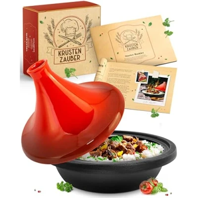 Image of KRUSTENZAUBER 27 cm Round Cast Iron Tagine Red Oriental Cookware with Ceramic Lid Induction &amp; Oven Safe, Perfect for Moroccan Tajine Recipes