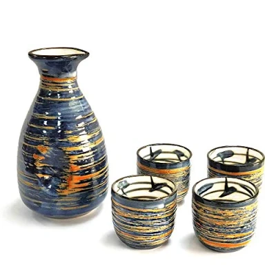 Image of Sake Set Japanese Cup Traditional Hand Painted Design Porcelain Pottery Ceramic Cups Crafts Wine Glasses 5 Piece (Blue Rich)