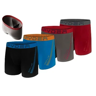 Image of Spyder Mens Boxer Briefs 4 Pack Poly Spandex Performance Underwear/Comfort Support Pouch Briefs, Maroon/Grey/Black/Blue, M