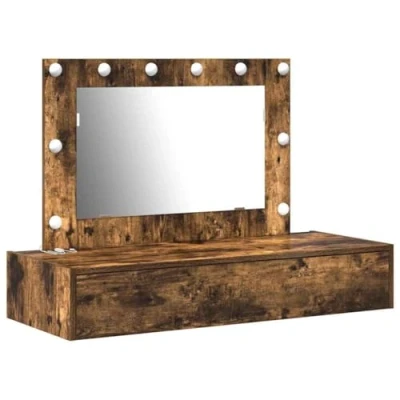 Image of vidaXL Wall Hanging Dressing Table with LED Lights in Smoked Oak