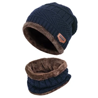 Image of Thenice Childrens/Kids Warm Knitted Beanie Hat and Circle Scarf Set (Navy Blue)