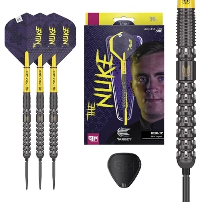 Image of TARGET Darts Luke Littler G1 22G 90% Tungsten Swiss Point Steel Tip Set Darts, SP Tool Included, Player Edition The Nuke Dart Set, Pro Grip Shafts, Ultra No.2 Flights