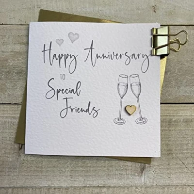 Image of SPECIAL FRIENDS ANNIVERSARY CARD FLUTES &amp; WOODEN HEART DESIGN, HANDMADE BY WHITE COTTON CARDS (S110 SF)