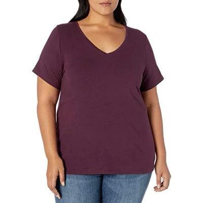 Image of Amazon Essentials Women&#039;s Short Sleeve V Neck T Shirt (Available in Plus Size), Burgundy, XL