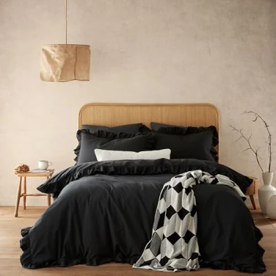 Image of Style Sisters Ruffle Frill Washed 200 Thread Count Cotton Double Duvet Cover Set with Pillowcases Black
