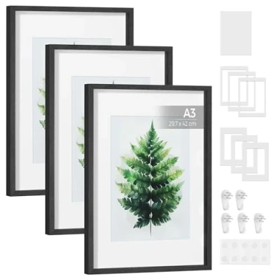 Image of SONGMICS Picture Frames, Set of 3 Photo Frames for A3, A4, 11x14 Pictures, with Mats, Gallery Wall or Table, Art Display, Glass, MDF, 43.4 x 31.1 cm, Ash Black RPF064B01