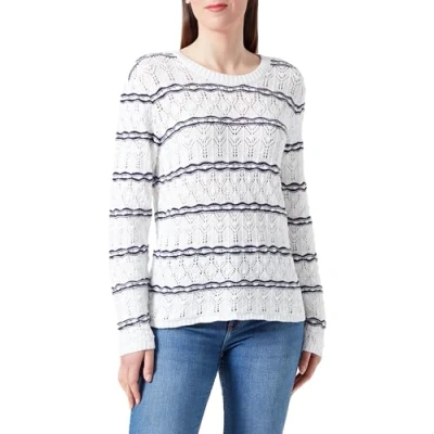 Image of Vila Women&#039;s Visalanda L/S O Neck Knit top Longsleeve T Shirt, White Alyssum/Stripes: Navy Blazer, Large