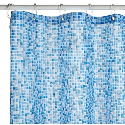 Image of Croydex Blue Swimming Pool Mosaic Textile Shower Curtain with Hygiene &#039;N&#039; Clean