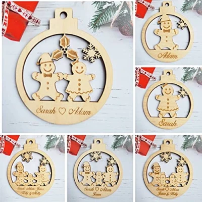 Image of Personalised Christmas Bauble Gift Any Name Wooden Hanging Tree Decoration Xmas GINGERBREAD FAMILY (Male)
