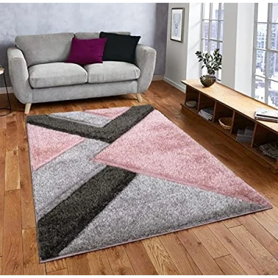 Image of Nova Rug, Mordern Polypropylene Soft Shaggy Washable Carpet, Anti Slip Rectangular Geometric Water Absorbent Durable Area Rug for Living Room Indoor Pink Grey, 160x230