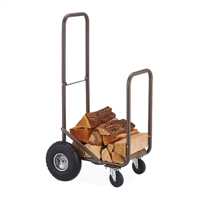 Image of Firewood Cart, made of Steel, 360 Wheels, Load Capacity up to 60 kg, 33 cm Pieces Wood, Storage, Brown Relaxdays