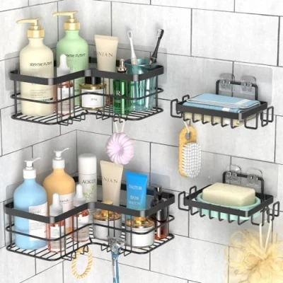 Image of Yazoni Conner Shower Caddy 4 Pack, Adhesive Shelves with Soap Holder No Drilling, Rustproof Stainless Steel Bathroom Organizer Wall Mounted, Large Capacity Shelf (Black)