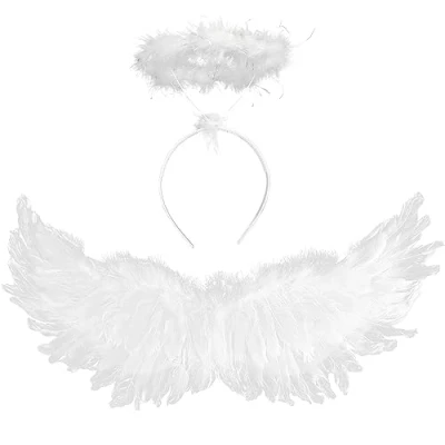 Image of VEYLIN Angel Wings and Halo, White Fairy Fallen Halloween Fancy Dress Costume for Adult Christmas Party