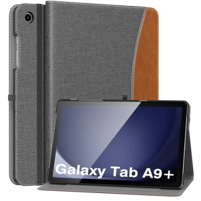 Image of MoKo Case for Samsung Galaxy Tab A9 Plus 11&quot; 2023 (SM X210/SM X216/SM X218), PU Leather Multi Angle Viewing Folding Stand Cover with Hand Strap, Front Pocket, Auto Wake/Sleep, Denim Grey &amp; Brown