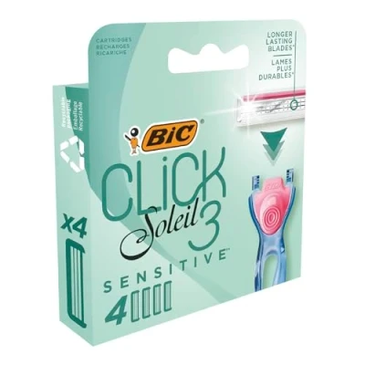 Image of BIC Click 3 Soleil Sensitive Women&#039;s Razor Refills, Moveable Blades and Lubricating Strip Box of 4 Cartridges