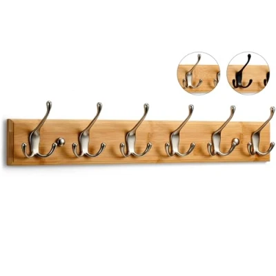Image of LARHN Wall Mounted Coat Rack 6 Matt Nickel Triple Hooks for on Stylish Wooden Bamboo Base 59 cm All Fixings Included