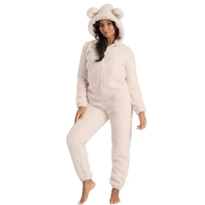 Image of Evotex Trading Ladies Sherpa Fleece Teddy Bear Onesie All in One Hooded Jumpsuit XL Ears Size Medium (12 14)