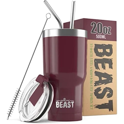 Image of Beast Tumbler 550 ml (20 oz), Cranberry Reusable Stainless Steel, Vacuum Insulated Cup with + 2 Straws &amp; Cleaning Brush Double Wall Travel Flask Perfect for Hot or Iced Coffee BPA Free