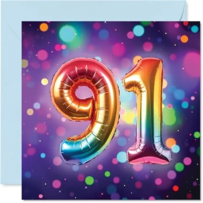 Image of 91st Birthday Cards for Women Men Rainbow Foil Balloon Happy Card 91 Year Old Woman Man Grandma Grandad Nan Nanny, 145mm Bday Greeting