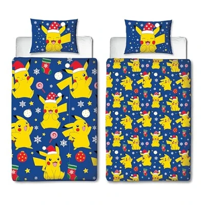 Image of Character World Pokemon Official Single Duvet Cover Set, Xmas Fun Pikachu Design Reversible 2 Sided Bedding Merchandise Including Matching Pillow Case Christmas Bed Set