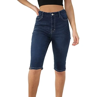 Image of Womens High Waist Denim Shorts Ladies Stretch Summer Knee Length Pants Mid Blue, 24