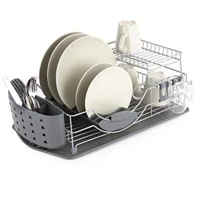 Image of Tower T847002 Compact 2 Tier Dish Rack with Cutlery Drainer, Removable Draining Tray, Colour Coated Steel, Grey , 33 x 61 24 cm