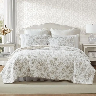 Image of Laura Ashley Twin Quilt Set, Reversible Floral Cotton Bedding with Matching Sham, Home Decor for All Seasons (Walled Garden Brown, Twin)