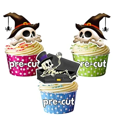 Image of AK Giftshop PRE CUT Halloween Skeleton/Skull Mix Edible Cupcake Toppers/Cake Decorations (Pack of 12)