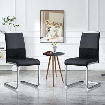 Image of ModernLuxe Dining Chairs Set of 2, Backrest Made PU Faux Leather and Linen, High Back Padded Side Chair, Horizontal Stripes Design for room, Kitchen, Guest Office Black