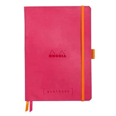 Image of RHODIA 117772C Soft Notebook Bullet Journal Goalbook Raspberry A5 Small Squares 240 pages 90g Ivory Clairefontaine Paper 2 Ribbons, Elastic Closure Faux Leather Cover