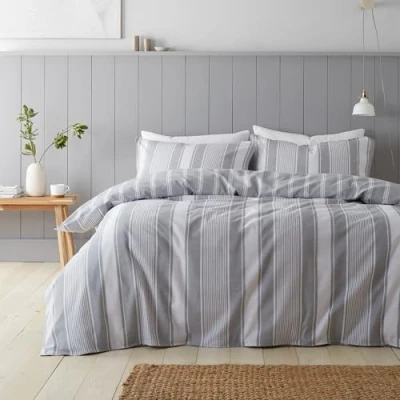 Image of Bianca Brushed Cotton Ticking Stripe Reversible Single Duvet Cover Set with Pillowcase Grey