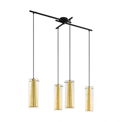 Image of EGLO Pinto Gold Pendant Lamp, 4 Bulb Light, Dining Room Lamp Made of Metal in Black and Glass Transparent Gold, E27 Socket