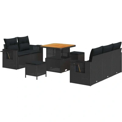 Image of Vidaxl 8 Piece Garden Sofa Set with Cushions Black Poly Rattan Acacia