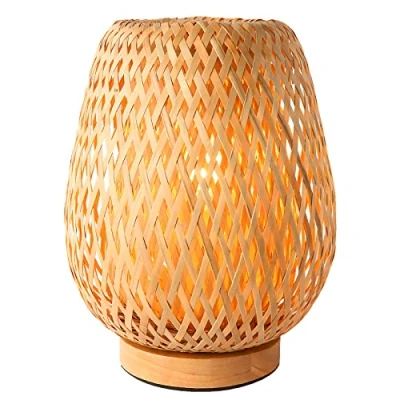 Image of Schindora Handmade Boho Bamboo Small Table Lamp Wicker Woven Desk Lamp,Boho Lights for Bedrooms Bedside Reading Light Home Decor