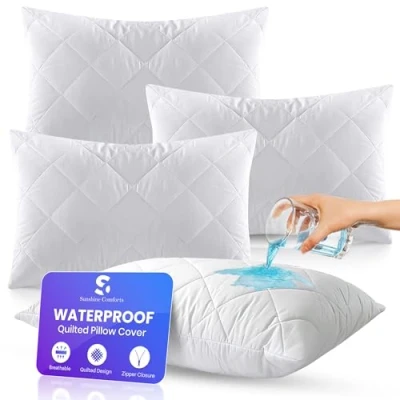 Image of Sunshine Comforts Pillow Protectors, Waterproof Quilted Zipped Protectors 4 pack, Ultra Soft &amp; Machine Washable AntiWrinkle and Hypoallergenic Cases 50 x75cm