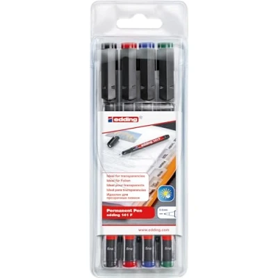 Image of edding 141 F permanent pen set of 4 multi coloured round nib 0.6 mm for writing on glass, plastic, foils and smooth surfaces permanent, quick drying, smudge proof waterproof